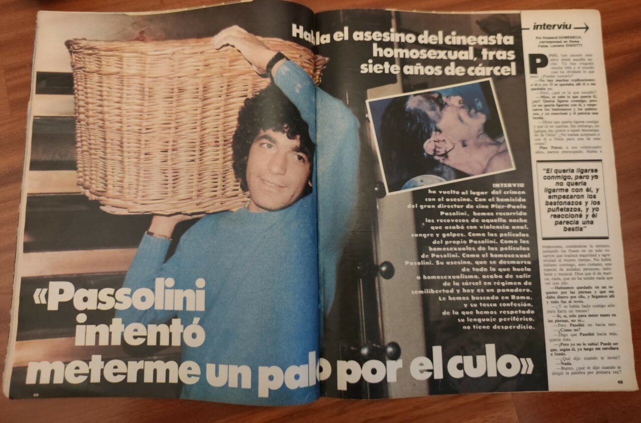 Artikel mit Bild über ein homosexuelles Verbrechen, Zitat und Bezug auf Pasolini.